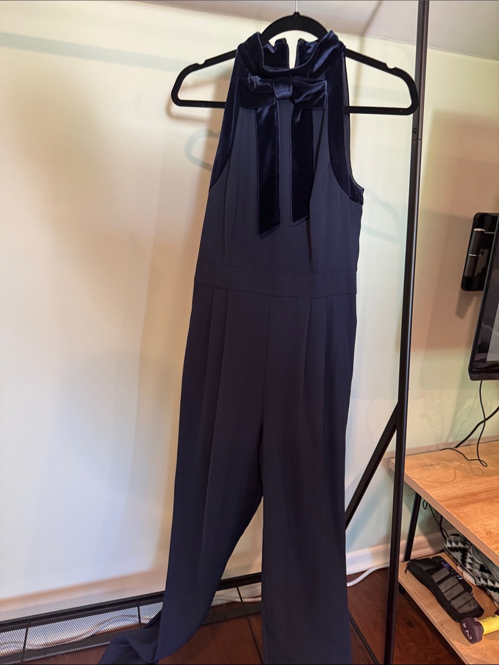 1901 Navy Halter Jumpsuit with Velvet Bow